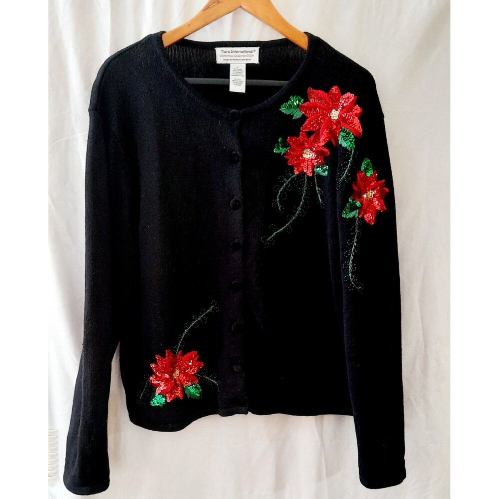 Vintage Tiara International Womens Large Beaded Poinsettia Christmas Cardigan